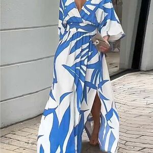 Elegant Blue and White Maxi Dress